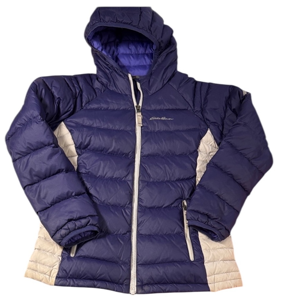 Eddie Bauer First Ascent Down Puffer Jacket coat Purple Hooded Kids Med (10–12)